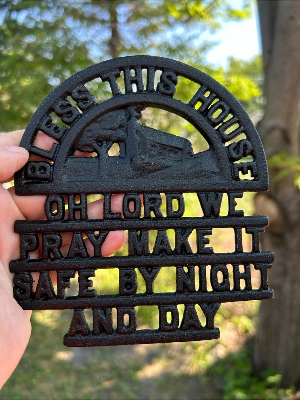 Iron Art Trivet Plaque Black Cast Iron 'Bless This House' Wall Religious 6x6.5